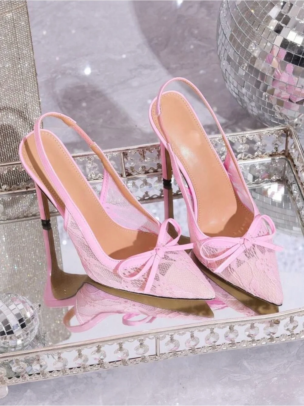 Pink Lace Slingback Pointed-Toe Heels with Bow Accent